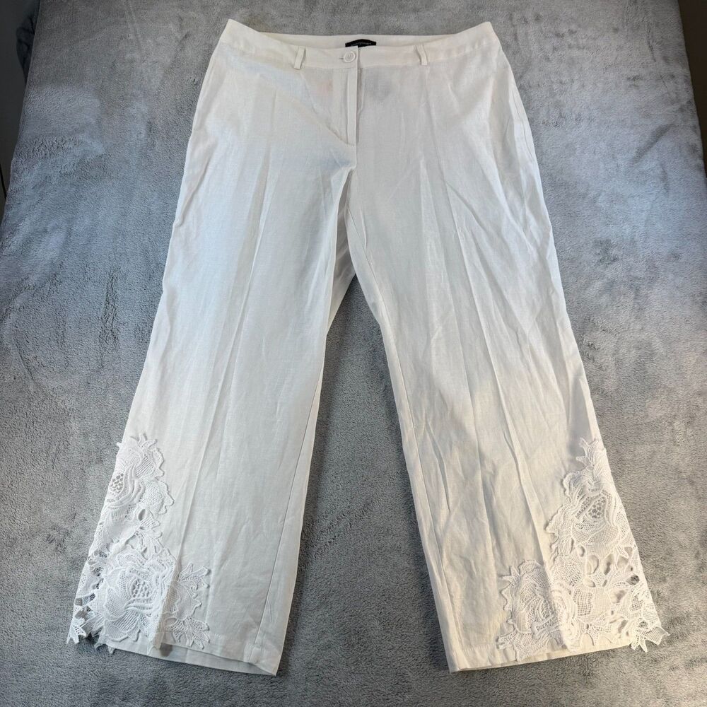 Ashley Stewart Linen Blend Crop Pants Womens 20 White Lace Hem Wide Leg Capri NW